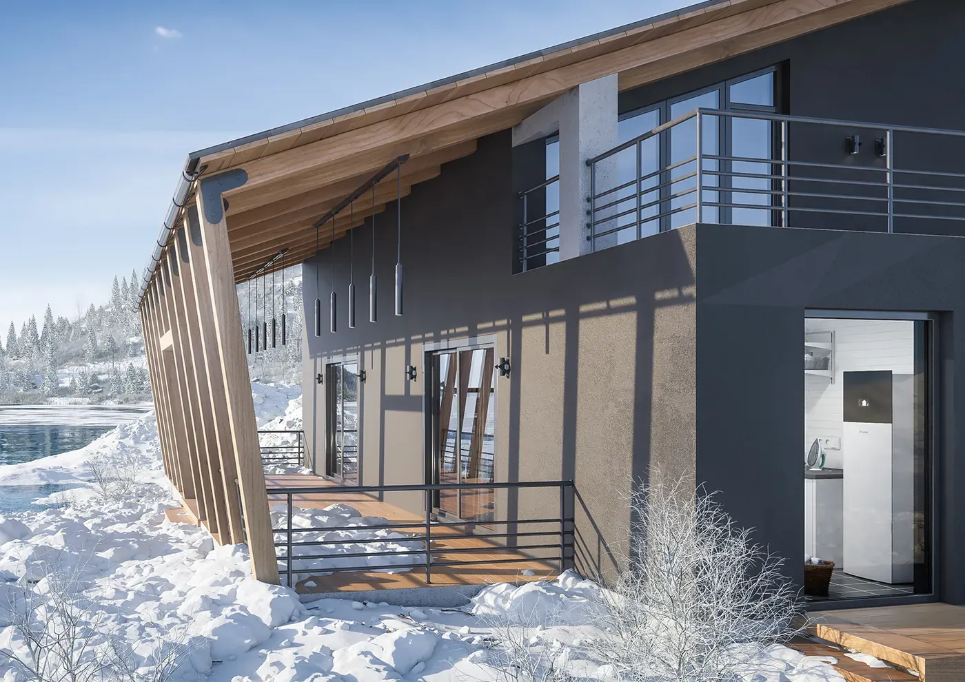 Daikin Altherma luft-vann varmepumpe i et moderne norsk hus omgitt av snø