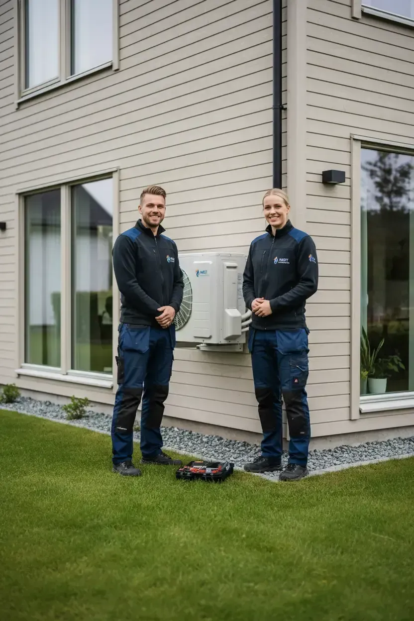 To montører fra Midt Inneklima utenfor en enebolig med nymontert utedel på veggen